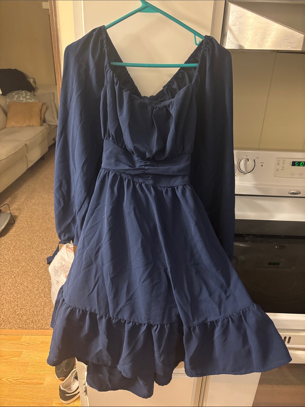 SHEIN Navy Long-Sleeve Ruffle-Hem Fit-and-Flare Dress Open Back